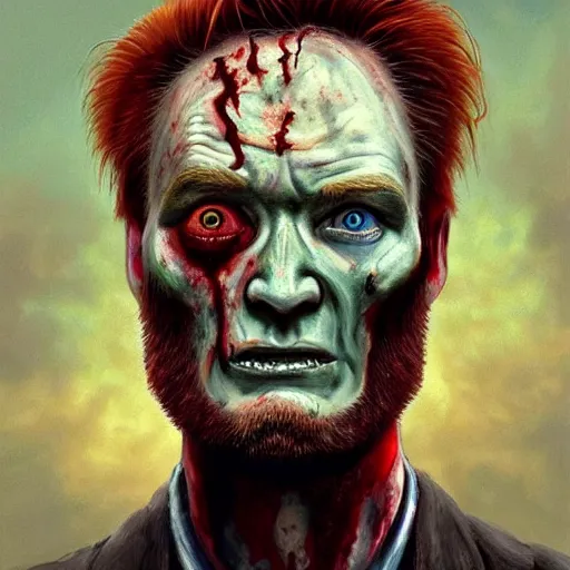 Image similar to color head portrait of conan o'brien as a zombie, 7 days to die zombie, gritty background, fine art, award winning, intricate, elegant, sharp focus, cinematic lighting, digital painting, 8 k concept art, art by michael hussar, art by brom, art by guweiz and z. w. gu, 8 k