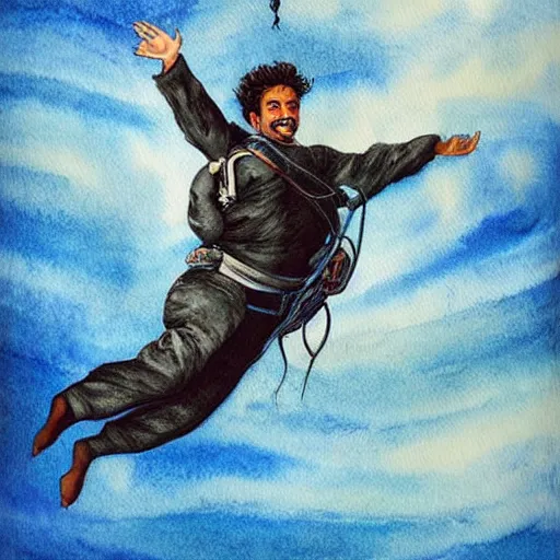 Prompt: egyptian man with long curly hair skydiving with a small black puppy, dreamy clouds, pastel tones, watercolor painting, intricate details, sharp, fairylike, peaceful