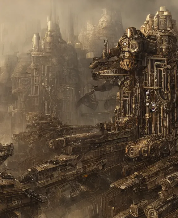 Image similar to a fortified steampunk military base with giant artillery cannons, by HR Giger and Beksiński and Stephan Martiniere , 4k resolution, detailed, trending on artstation
