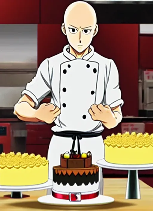 Image similar to chef saitama one punch man, dressed as a pastry chef, focused at making a cake, beautiful anime artwork