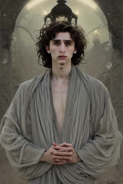 Image similar to portrait of timothee chalamet as dream of the endless, the sandman, grey clothes, in persian temple wet night, sci - fi and fantasy, intricate and very very beautiful and elegant, highly detailed, digital painting, artstation, concept art, smooth and sharp focus, illustration, art by tian zi and wlop and alphonse mucha