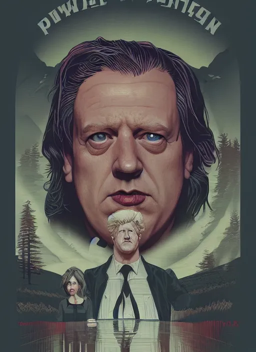 Prompt: Twin Peaks poster artwork by Michael Whelan and Tomer Hanuka, Rendering of Boris Johnson as Punisher full of details, by Makoto Shinkai and thomas kinkade, Matte painting, trending on artstation and unreal engine