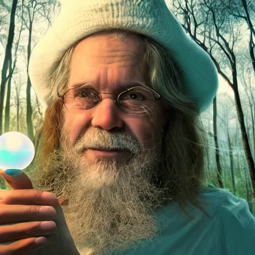 Prompt: old man with long hair and white beard, wearing a whimsical wizard hat, holding a electric glowing magical crystal ball in a luminous forest, close up face, photorealism