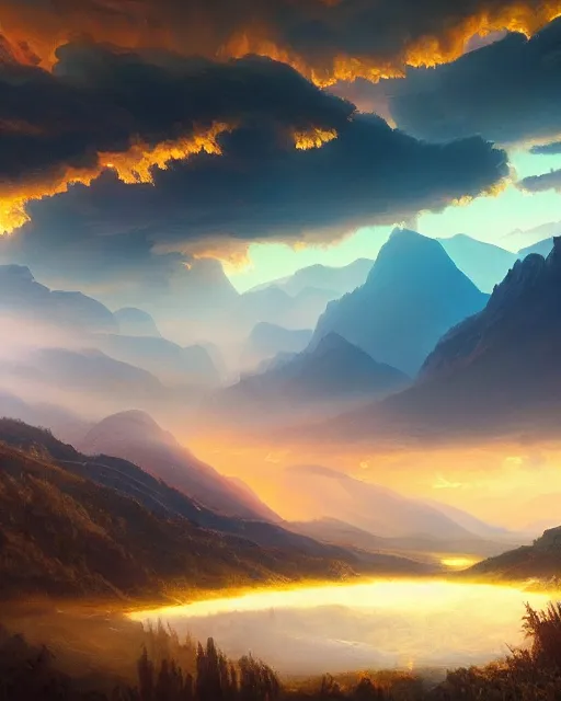 Image similar to A real photographic landscape painting with incomparable reality . Overlooking the mountains and rivers , lakes , clouds and sunshine ,burning clouds , Colorful world ,fairy tale , light effect , Dream , Dindar light , Greg Rutkowski , unreal engine , Super realistic painting style ,UE4,4k, UHD , super wide ,wlop ,artstation.