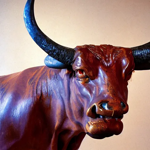 Prompt: professional color photograph of a patinated bronze portrait bust of an angry Texas Longhorn bull supported by a bronze plinth, by Auguste Rodin