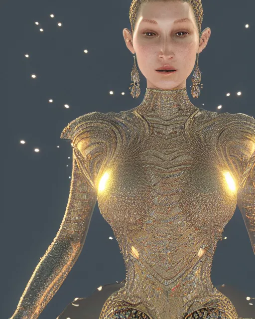 Image similar to a highly detailed metahuman 4 k close up render of an alien goddess bella hadid monument renaissance in iris van herpen dress schiaparelli in diamonds crystals swarovski and jewelry iridescent in style of alphonse mucha gustav klimt trending on artstation made in unreal engine 4