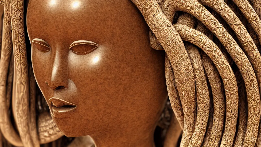 Prompt: close up portrait of Benin ivory sculpture, classical African art, long and flowing braided hair, cables, patterns, cyborg, sun rays, subtle shadows, hyper realism, intricate, very detailed, trending on art station, Unreal Engine