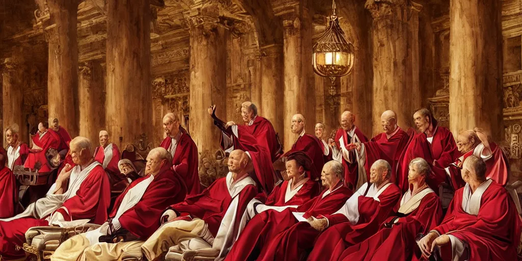 Image similar to ancient senators in royal crimson and white robes sit in tribunes, highly detailed, beautiful cinematic light deep focus, elegant, digital painting, smooth, sharp focus, golden ratio, dramatic illumination, art by aleksi briclot, rutkowski and caravaggio