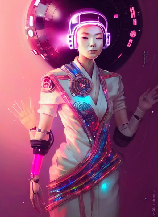 Image similar to portrait of female japanese android wearing a vr headgear and in an elaborate kimono dress, hologram hovering around her, intricate detail, cyber neon lighting, highly detailed, beautiful wide angle photography, artstation, glamor pose, concept art, art by peter mohrbacher, pinterest, artstation,