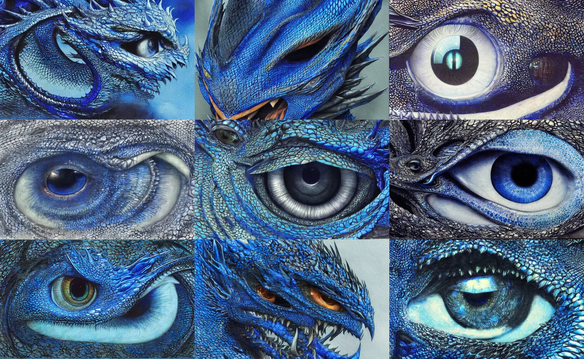 Prompt: a luminescent blue dragon's eye surrounded by black detailed scales, by alan lee, digital art, art station.