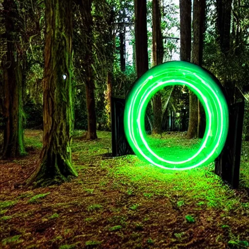 Image similar to a stargate made of neons and glowing runes in the middle of a green forest with a beam of light