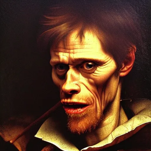 Image similar to close up portrait of willem dafoe eating an entire horse, oil painting, high detail, dark lighting, atmospheric, extremely detailed, intricate, da vinci, michelangelo, caravaggio, hans holbein, raphael, donatello, 8 k