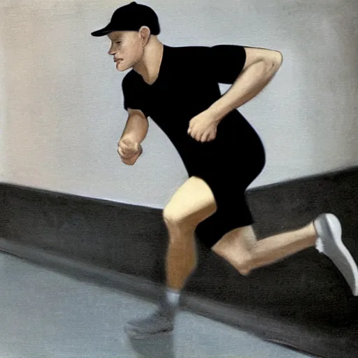 Image similar to an attractive man in a black t-shirt and wearing a black baseball cap running on a treadmill in a gym by Edward Hopper