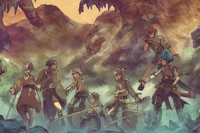 Image similar to cell shaded key visual of a group of adventurers being defeated by monsters in a dungeon, in the style of studio ghibli, moebius, makoto shinkai,