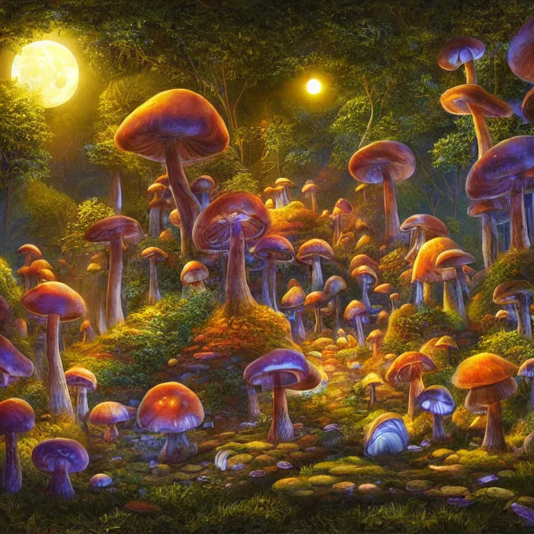 Image similar to an enchanted mushroom forest inspired by Evgeny Lushpin, midnight, full moon, cinematic, intricate, very detailed