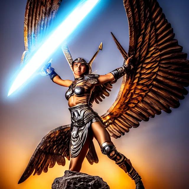 Image similar to photo of a real - life winged valkyrie warrior with light powers, highly detailed, 4 k, hdr, smooth, sharp focus, high resolution, award - winning photo