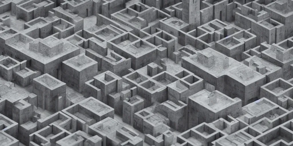 Image similar to cube city, realistic, highly detailed, concrete architecture,