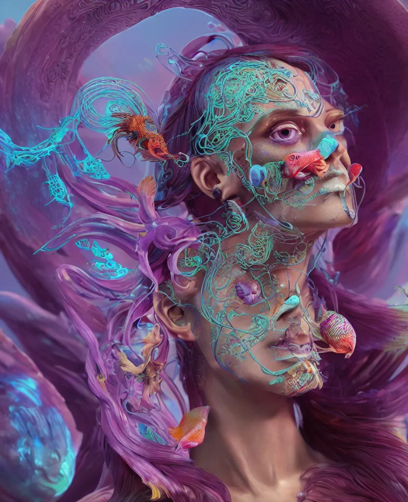 Image similar to goddess full color painted acryllic sculpture close-up portrait. orchid bird phoenix head, nautilus, skull, betta fish, bioluminiscent creatures, intricate artwork by Tooth Wu and wlop and beeple. octane render, trending on artstation, greg rutkowski very coherent symmetrical artwork. cinematic, hyper realism, high detail, octane render, 8k