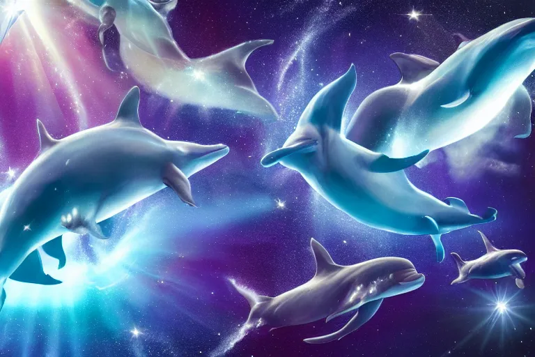 Image similar to a group of cosmic dolphins jumping out of a cosmic ocean in space, epic composition, 4 k