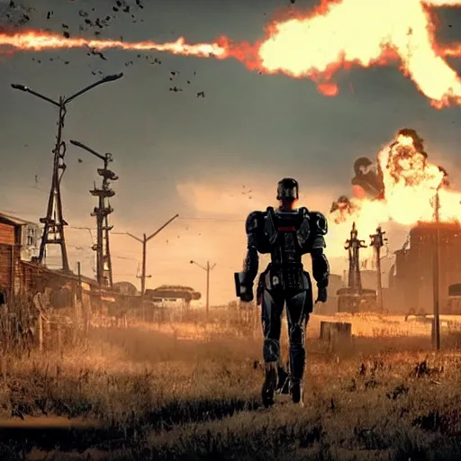 Image similar to still film from the movie fallout 4 : the movie by michael bay