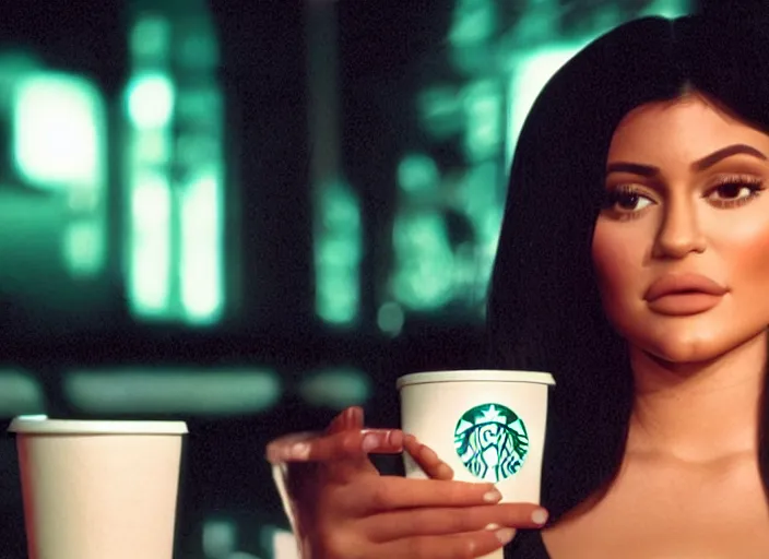 Image similar to a close - up, color cinema film still of kylie jenner drinking coffee at a starbucks, ambient lighting at night, from matrix ( 1 9 9 9 ).