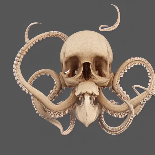 Prompt: ornately carved rococo human skull octopus hybrid, delicate detailed scrimshaw pattern of occult symbols and fractal geometry, tentacles, octane render 4 k, bone and ivory, waxy