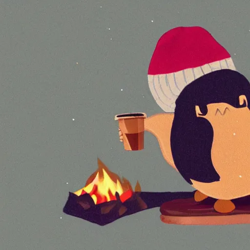 Image similar to A penguin wearing a beanie sitting next to a campfire with a cup of coffee by Sanrio