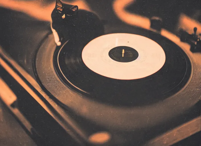 Image similar to photography of a Cat sitting on a record player. in a room full of vinyls and posters out of the 70's, photorealistic, raining award winning photo, 100mm, sharp, high res