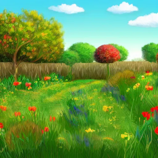 Image similar to a garden field background, cartoon, digital art, featured on artstation, smooth graphics, soft details,