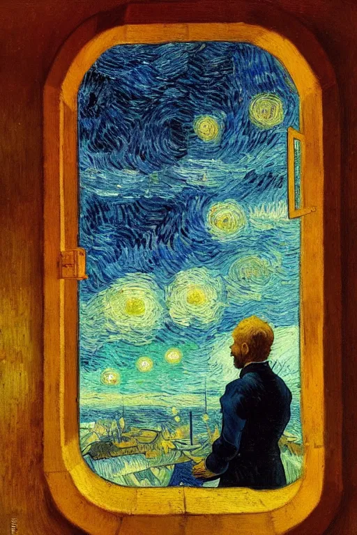 Image similar to a person looking from a window of a space station , colorful, beautiful, national geographic, very detailed, astrophotography, oil painting, canvas, Vincent van Gogh, Caspar David Friedrich, Theodor Kittelsen, Albert Bierstadt