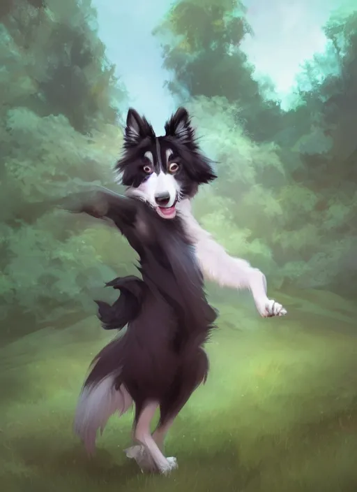 Prompt: wide angle beautiful full body portrait of a cute male anthropomorphic anthro border collie fursona in a park, character design by charlie bowater, henry asencio, and ross tran, disney, anime, scenic background, detailed, glamor pose, aesthetic, trending on artstation, furaffinity, deviantart