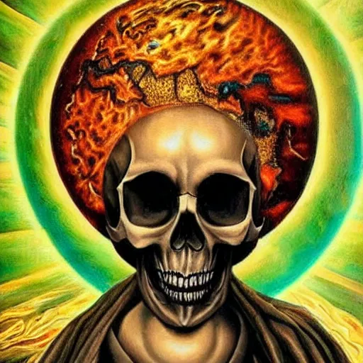 Image similar to ultrarealistic mixed art painting of a skull face Jesus Christ standing tall with the earth sphere in background, drowning into thermonuclear blast mushroom, praying for peace