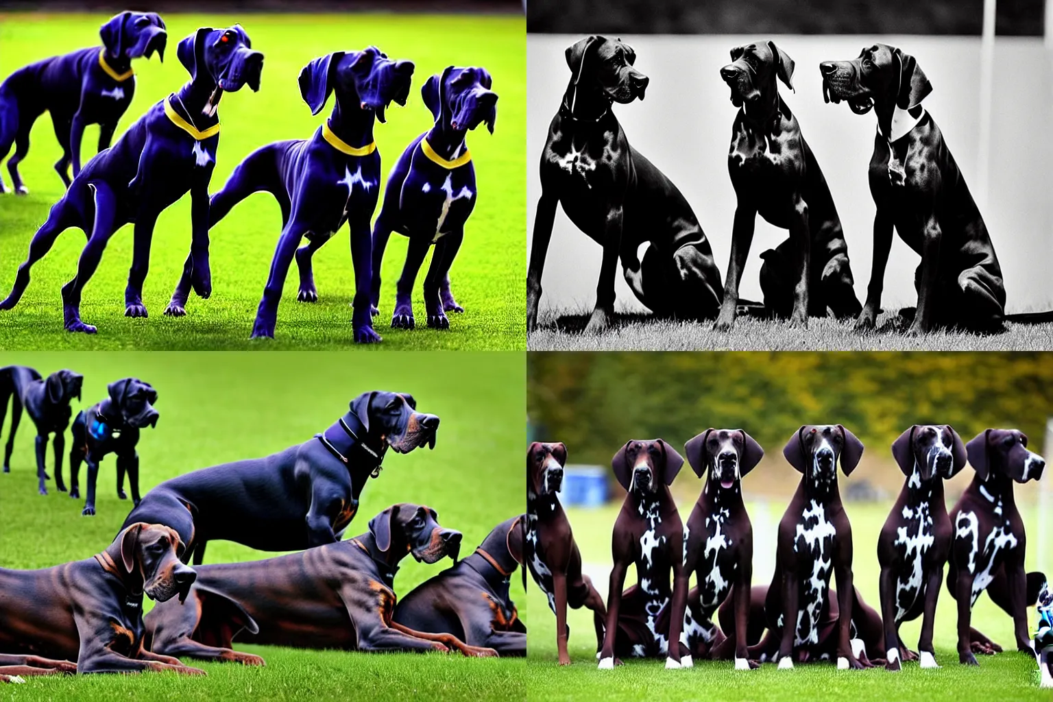 Prompt: A pack of great danes in rugby uniforms. Dogs, canines. Sports photo.