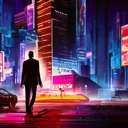 Image similar to john wick in cyberpunk city, night scene, highly detailed