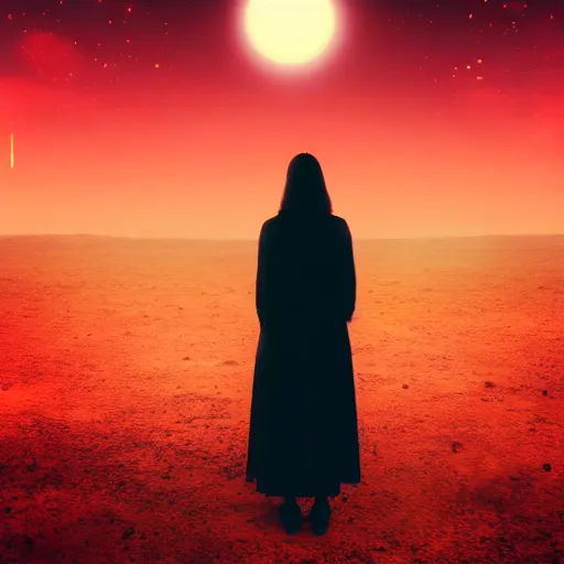 Image similar to A sad spiritual witch standing on mars looking at camera, distant background, red lighting, ominous, moonlight, bokeh, synthwave, psychedelic, glitch, acrylic, flooko, detailed,