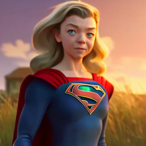 Image similar to a wholesome animation key shot natalie dormer as supergirl, studio ghibli, pixar and disney animation, sharp, rendered in unreal engine 5, anime key art by greg rutkowski, bloom, dramatic lighting