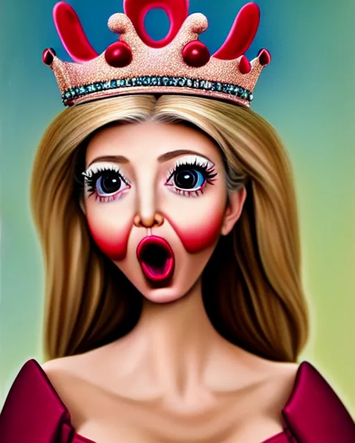 Image similar to closeup profile portrait of a tin toy ivanka trump screaming as a fairytale princess wearing a crown and eating cakes, bikini, hyper realistic, artstation, illustration, nicoletta ceccoli, mark ryden, lostfish, max fleischer, digital paint, matte paint, vivid colors, bright, cheerful, detailed and intricate environment