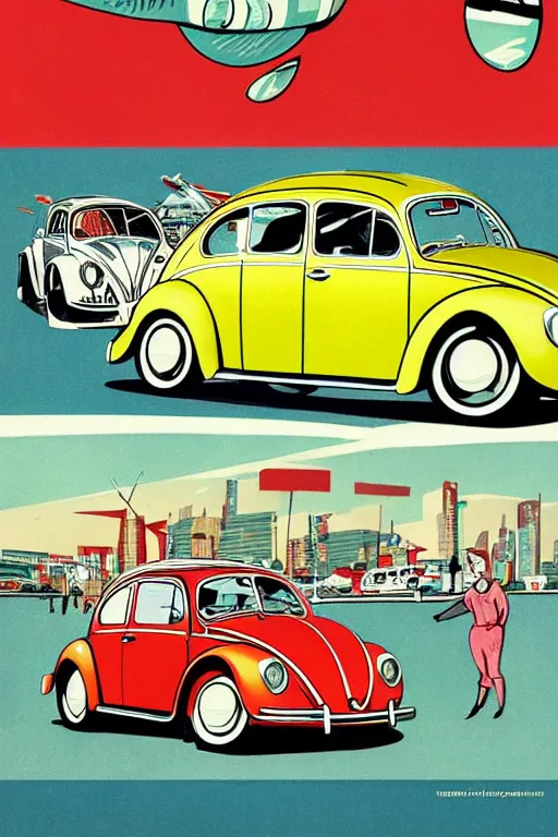 Prompt: Volkswagen Beetle car in the style of a 50s by Frank Hampson and mcbess, 1950s