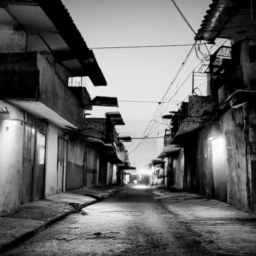 Prompt: A photography of nothingness on the favela street at night after the war between humans and AIs by hasior