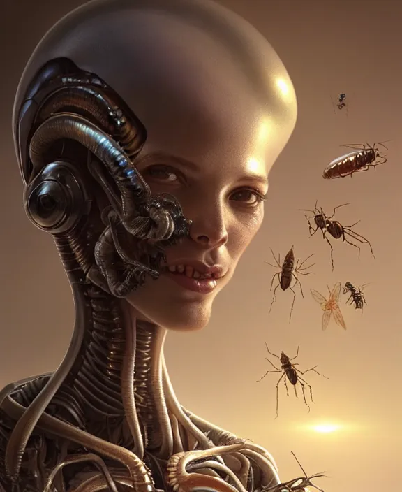 Image similar to portrait of a alien insect, adorable, childlike, milky way environment, ultra realistic, concept art, intricate details, cheerful, highly detailed, photorealistic, octane render, 8 k, unreal engine. art by artgerm and hr giger and greg rutkowski and alphonse mucha