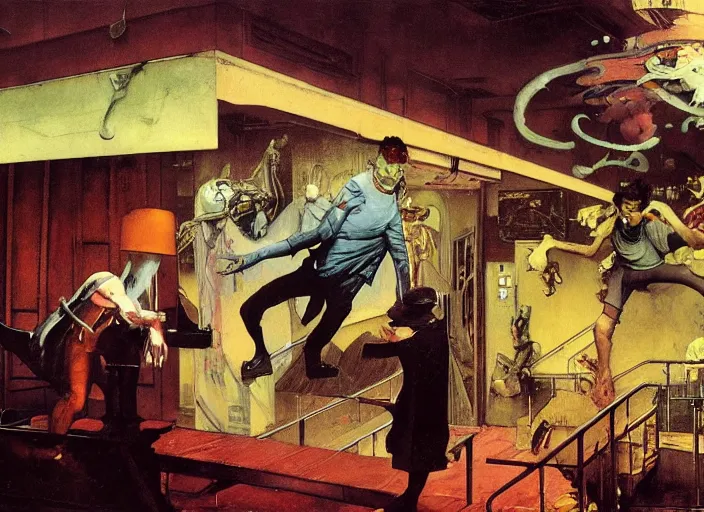 Prompt: a still from the film the city of lost children by francis bacon, surreal, norman rockwell and james jean, greg hildebrandt, and mark brooks, triadic color scheme, by greg rutkowski, in the style of francis bacon and syd mead and edward hopper and norman rockwell and beksinski, dark surrealism, open ceiling