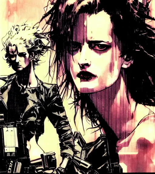 Prompt: eva green in fight club, comic book art, by yoji shinkawa and takehiko inoue and kim jung gi, masterpiece, perfect