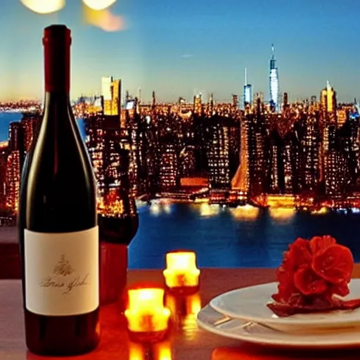 Image similar to beautiful glowing candle - lit dinner with wine bottle overlooking the new york city skyline