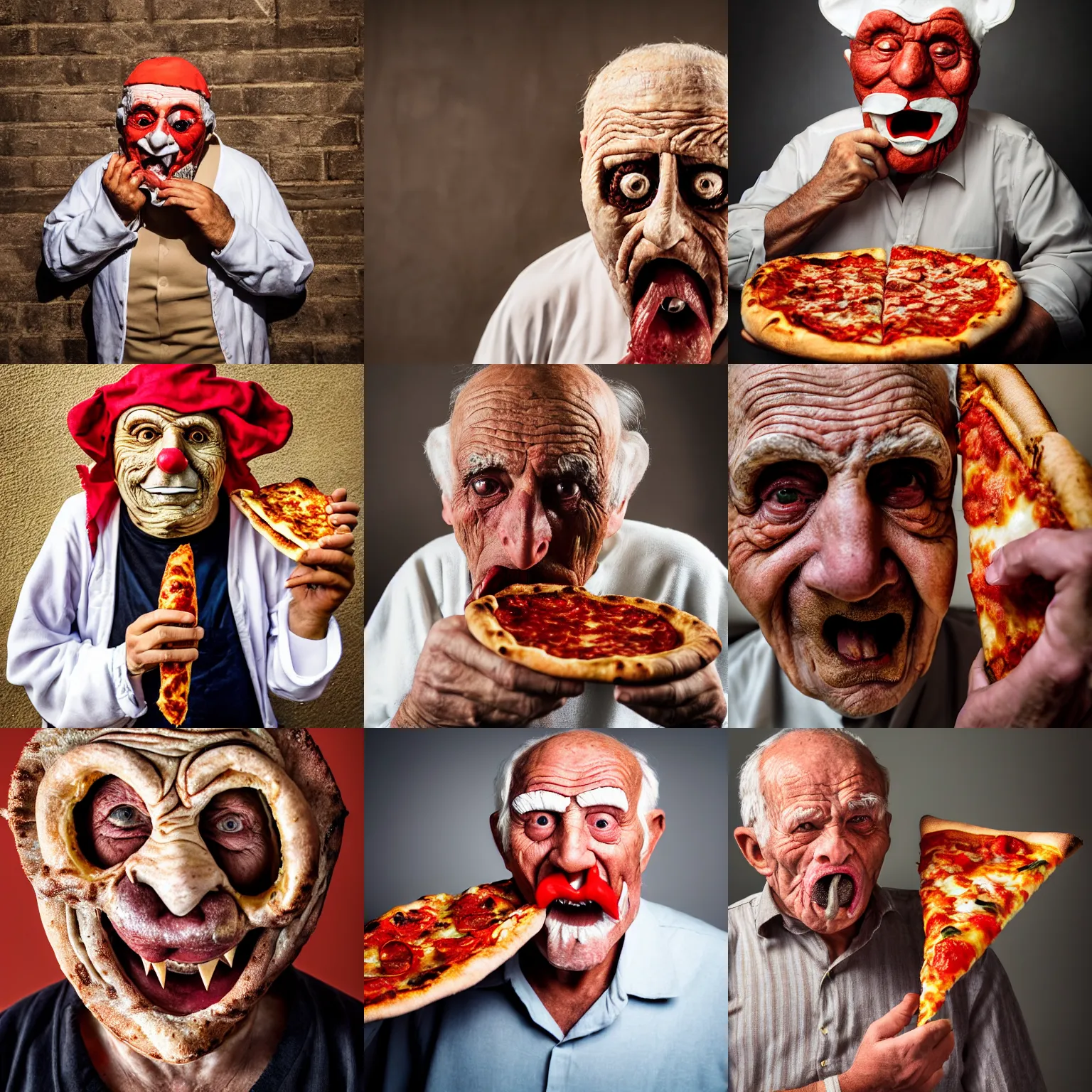 Prompt: portrait photo of wrinkled old man, wears a pulcinella mask, eating a pizza margherita, large mouth, evil eyes, backlit, full body, sharp focus, highly detailed photo by eric lafforgue