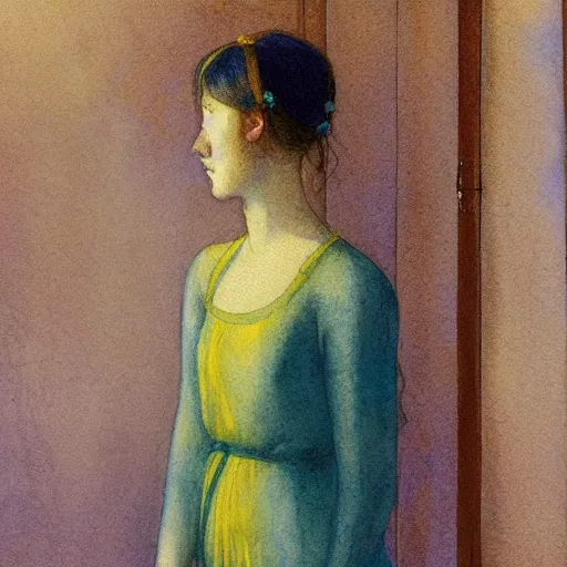 Prompt: close up of a girl in a blue and gold haunted liminal abandoned room, watercolor by victo ngai, by hammershøi, by canova, art noveau, highly detailed, lights by edward hopper, liminal, eerie, bright pastel colors