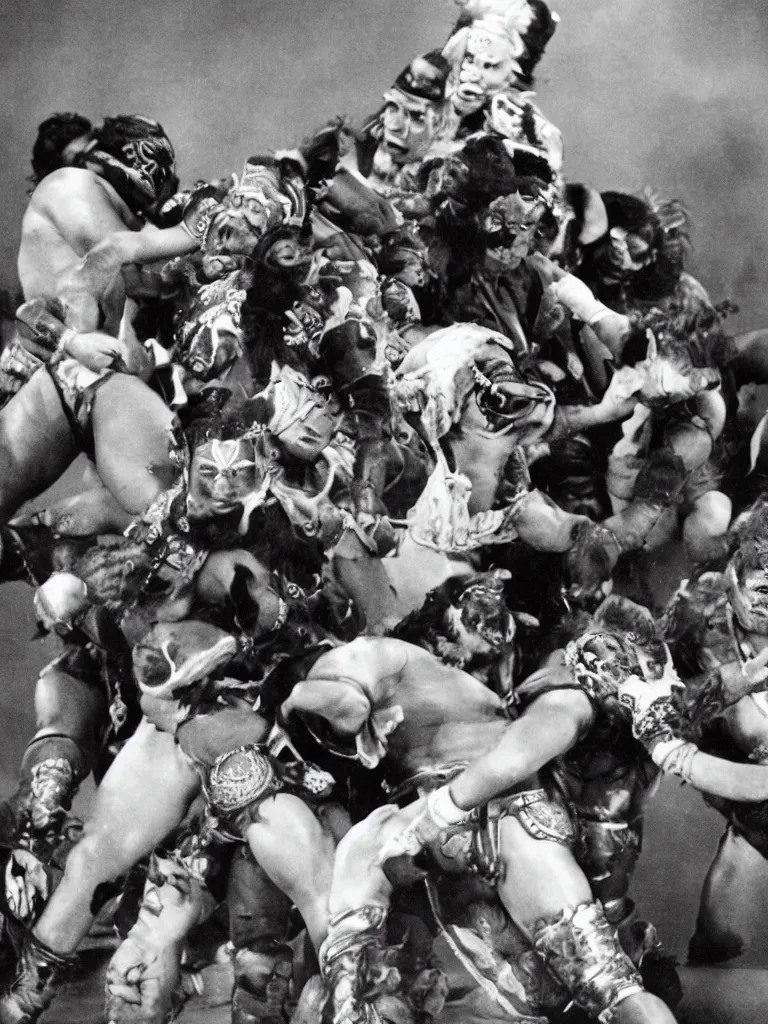 Prompt: photograph of the war of the mexican wrestlers : : 5, mexican wrestlers : : 4, war : : 3, action scene, dramatic lighting, cinematic, nineteen twenties, vintage, avant garde cinema, dada style, highly realistic, ultra detailed, black and white, by david lynch : : 3, in the style of the movie eraserhead