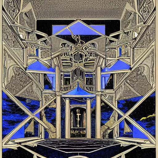 Image similar to A Eternal mansion, by M.C. Escher, Jim Fitzpatrick, Chaotic, Lucid, Cycles, Chromatic Abberation, Dawn