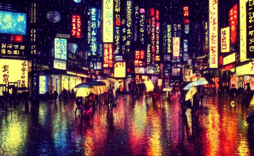 Prompt: Lumière Autochrome, rain falling on Neo-Tokyo 20XX