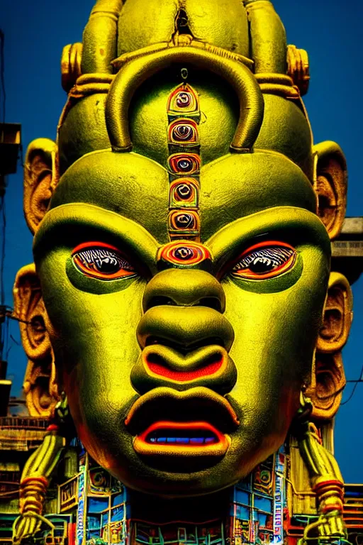 Image similar to high quality photo hyperrealistic cyberpunk hanuman head building, neon yellow madhubani, highly detailed, in sci - fi mumbai, cinematic smooth, lee madgwick & liam wong, moody light, low angle, uhd 8 k, sharp focus
