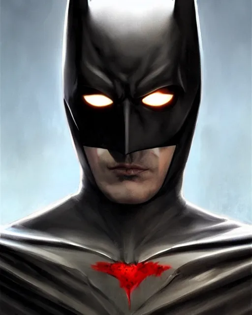 Prompt: character portrait of a slender young batman with blood stains in his face, piercing bright blue eyes, and pale skin, by greg rutkowski, mark brookes, jim burns, tom bagshaw, trending on artstation